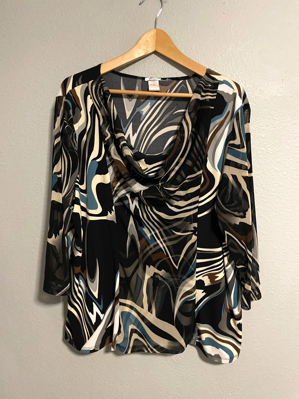 Vintage Womens Tunic Size 1X Black Abstract Print Cowl Neck Artsy Wacky 90s Y2K